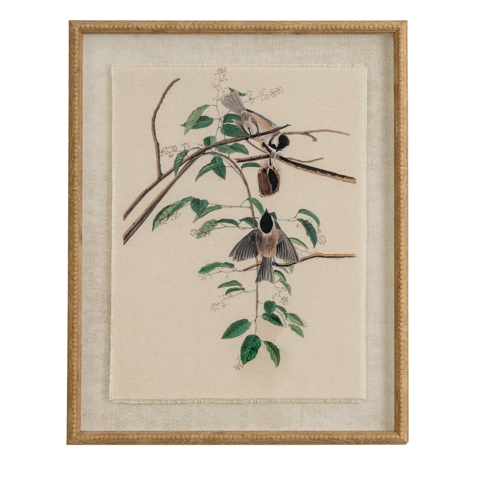 Flora & Fauna Collection Chickadees on Linen in Beaded Frame – Graceful Detailing and Timeless Appeal
