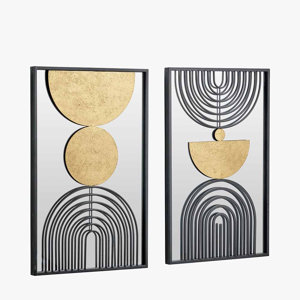 Set of 2 Mirrored Black and Gold Metal Wall Art