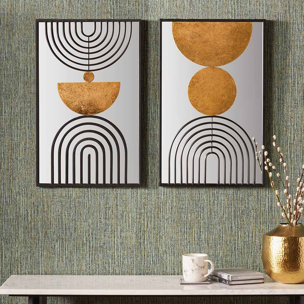 Set of 2 Mirrored Black and Gold Metal Wall Art